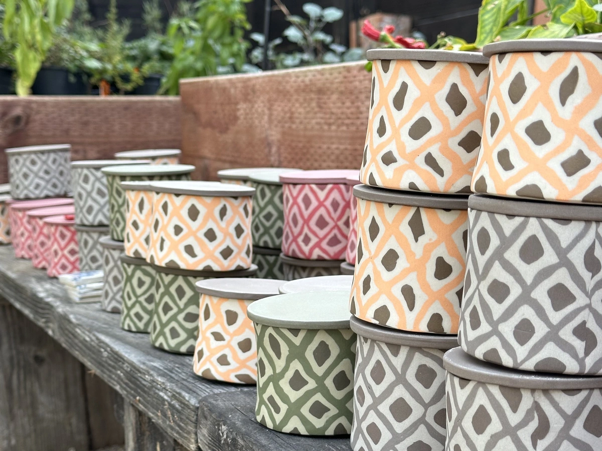 all four colors of Maldon Salt jars fresh out of the kiln