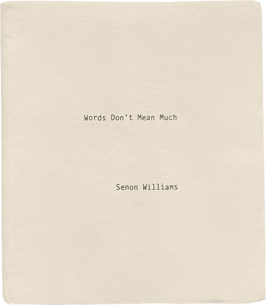 Words Don't Mean Much: Senon Williams, 2021. Designed by Lorraine Wild and Tommy Huang, Green Dragon Office.